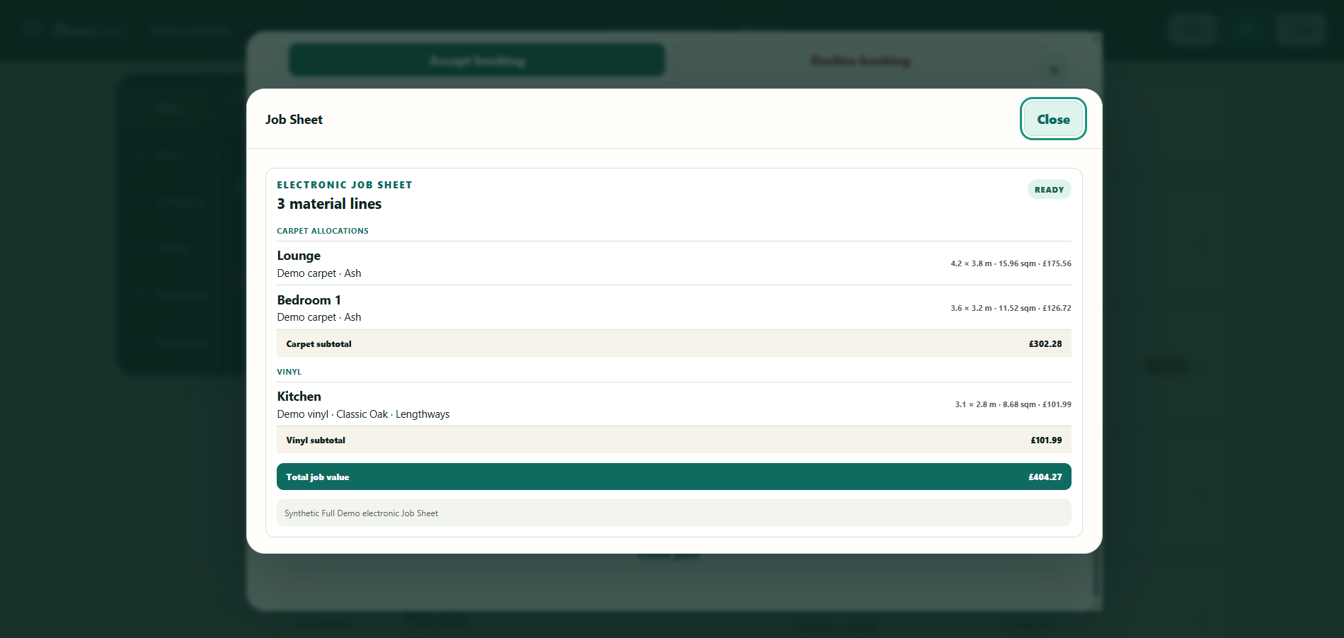 Electronic job sheet showing room allocations and flooring measurements
