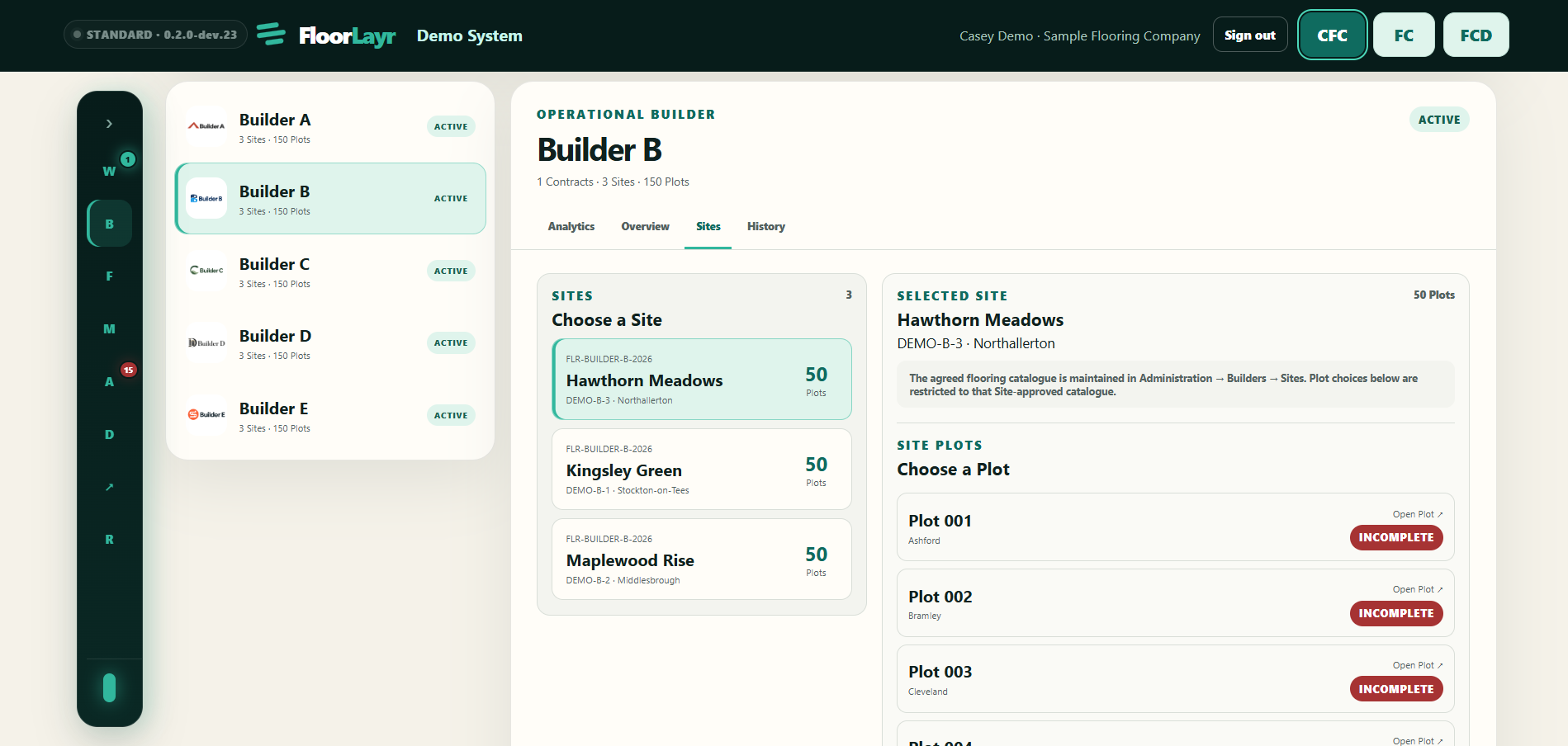 FloorLayr builder workspace with sites and individual plot readiness